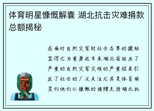 体育明星慷慨解囊 湖北抗击灾难捐款总额揭秘